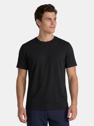 Man wearing a black t-shirt on a white background