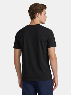 Man wearing a black t-shirt on a light gray background