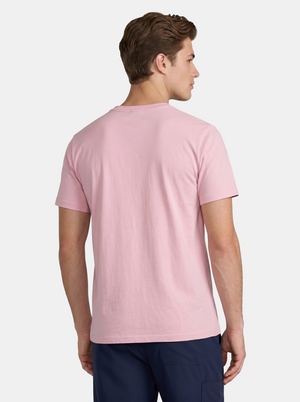 Man wearing a pink t-shirt on a white background