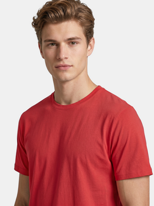 Man wearing a red t-shirt against a white background