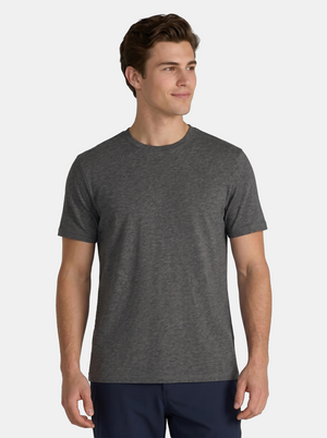 Man wearing a gray t-shirt on a white background
