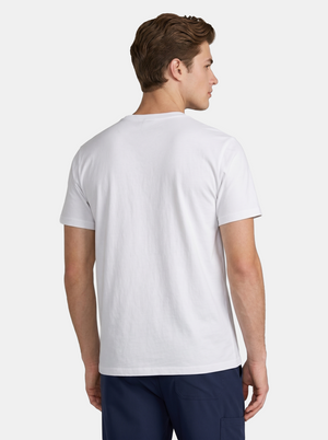 Man wearing a white t-shirt and navy shorts on a light gray background
