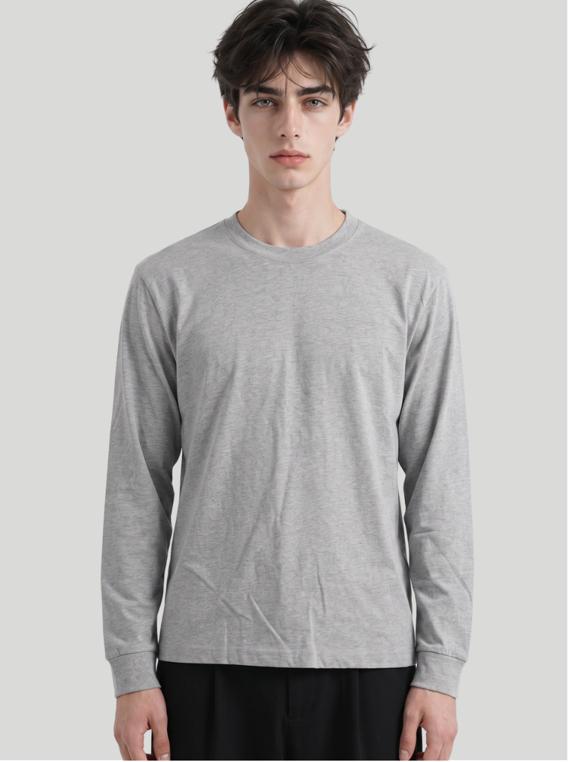 Gray - Men Long Sleeve Cotton Tee