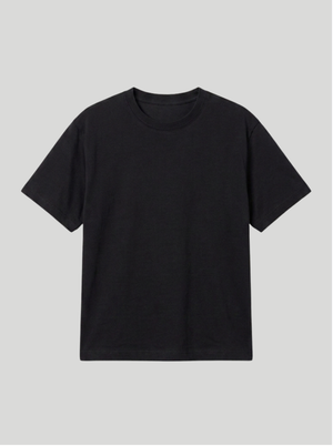 A plain black short-sleeve crewneck t-shirt displayed flat against a solid light gray background.