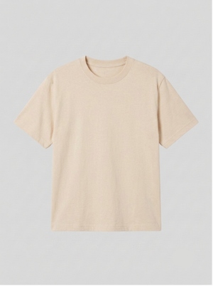 A plain short-sleeve crewneck t-shirt in a light cream or beige color, displayed flat against a neutral light gray background.