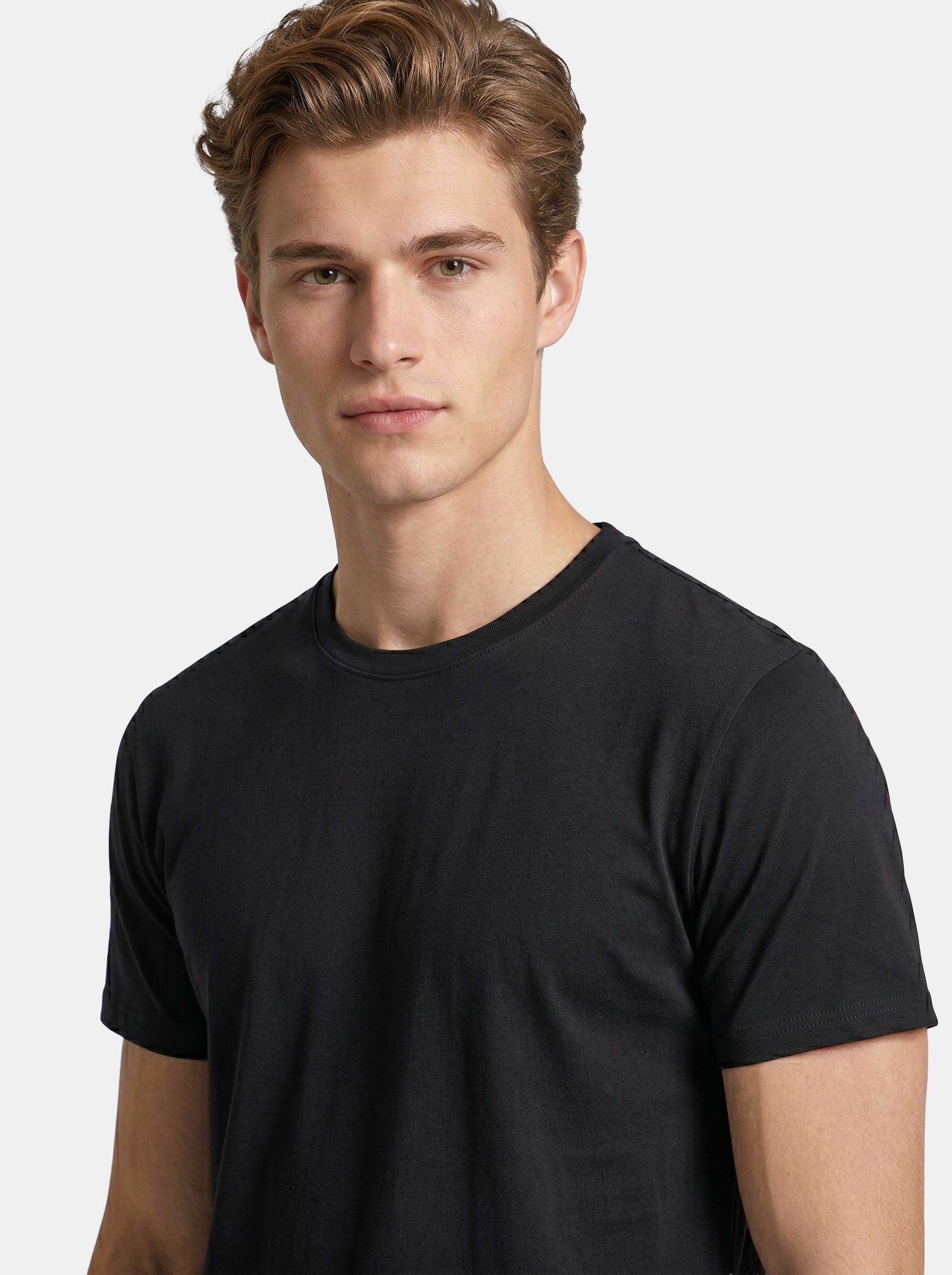Man wearing a black t-shirt against a plain background