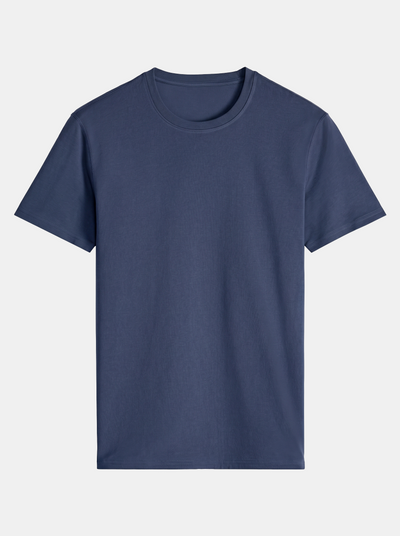 Navy blue t-shirt on a light gray background