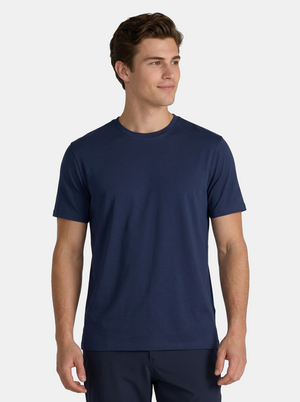 Man wearing a navy blue t-shirt on a white background