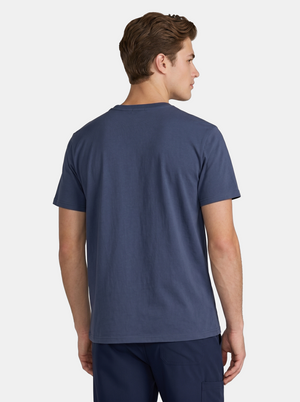 Man wearing a navy blue t-shirt and pants on a white background