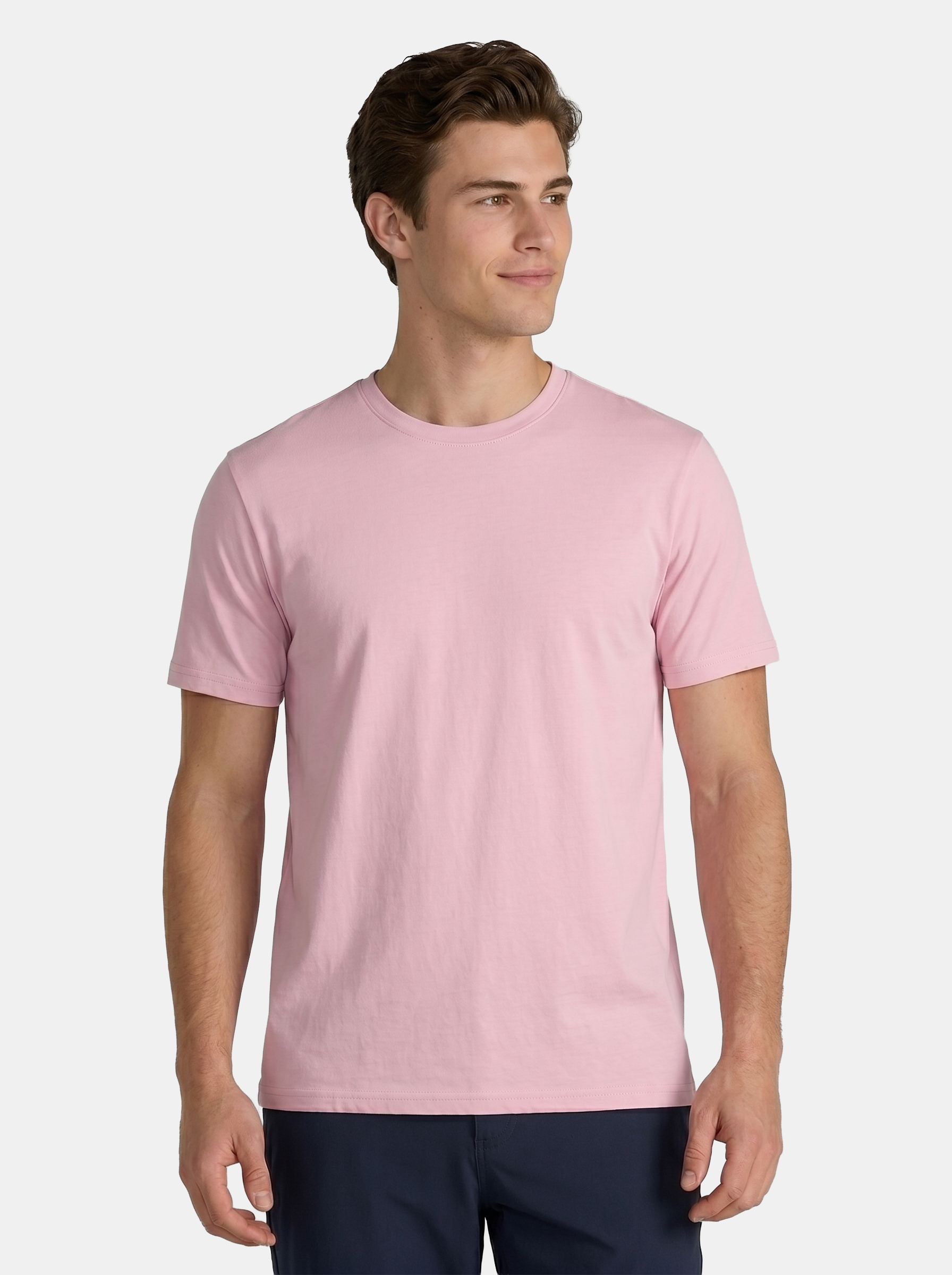 Man wearing a pink t-shirt on a white background