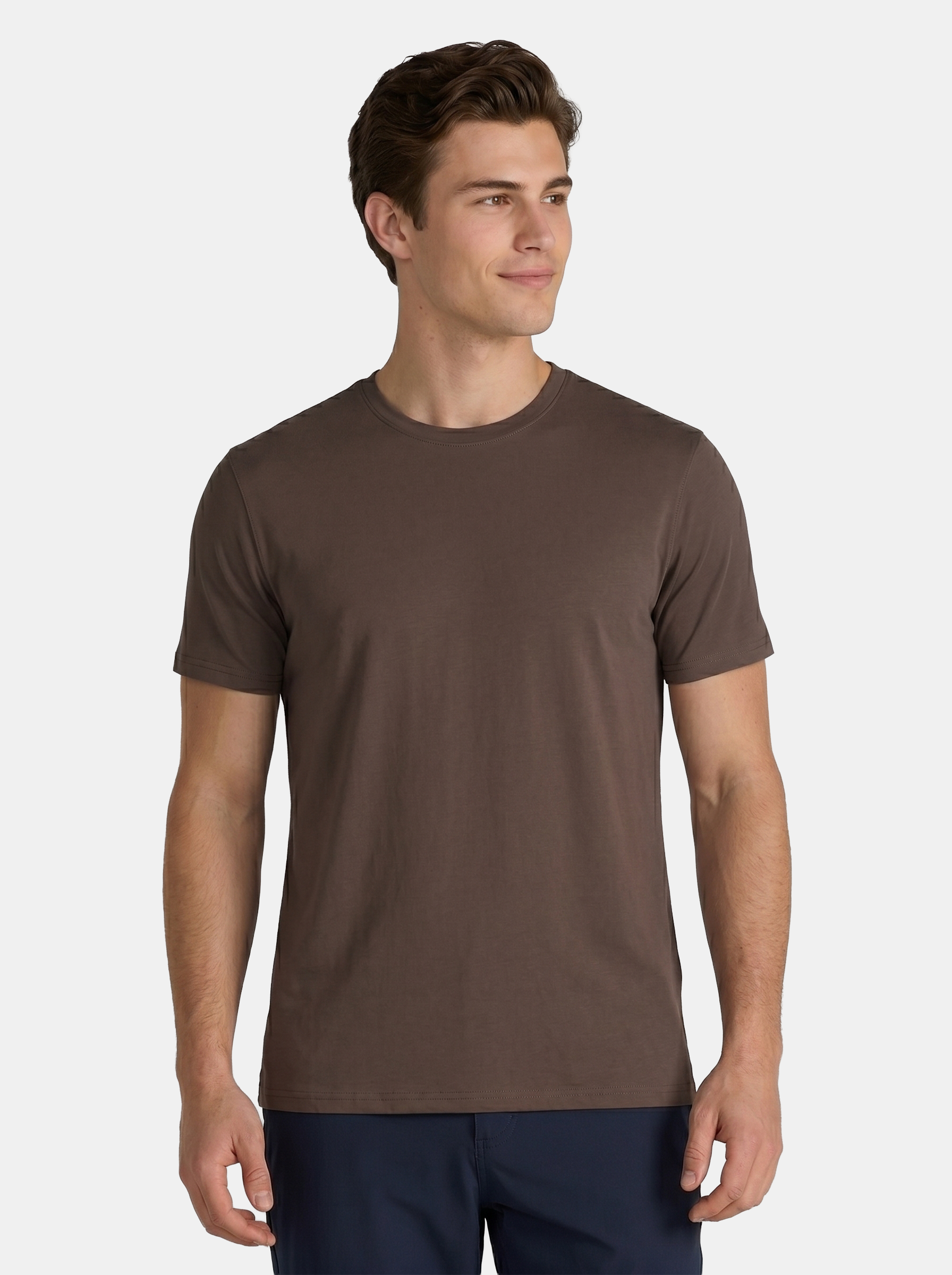 Man wearing a brown t-shirt on a white background