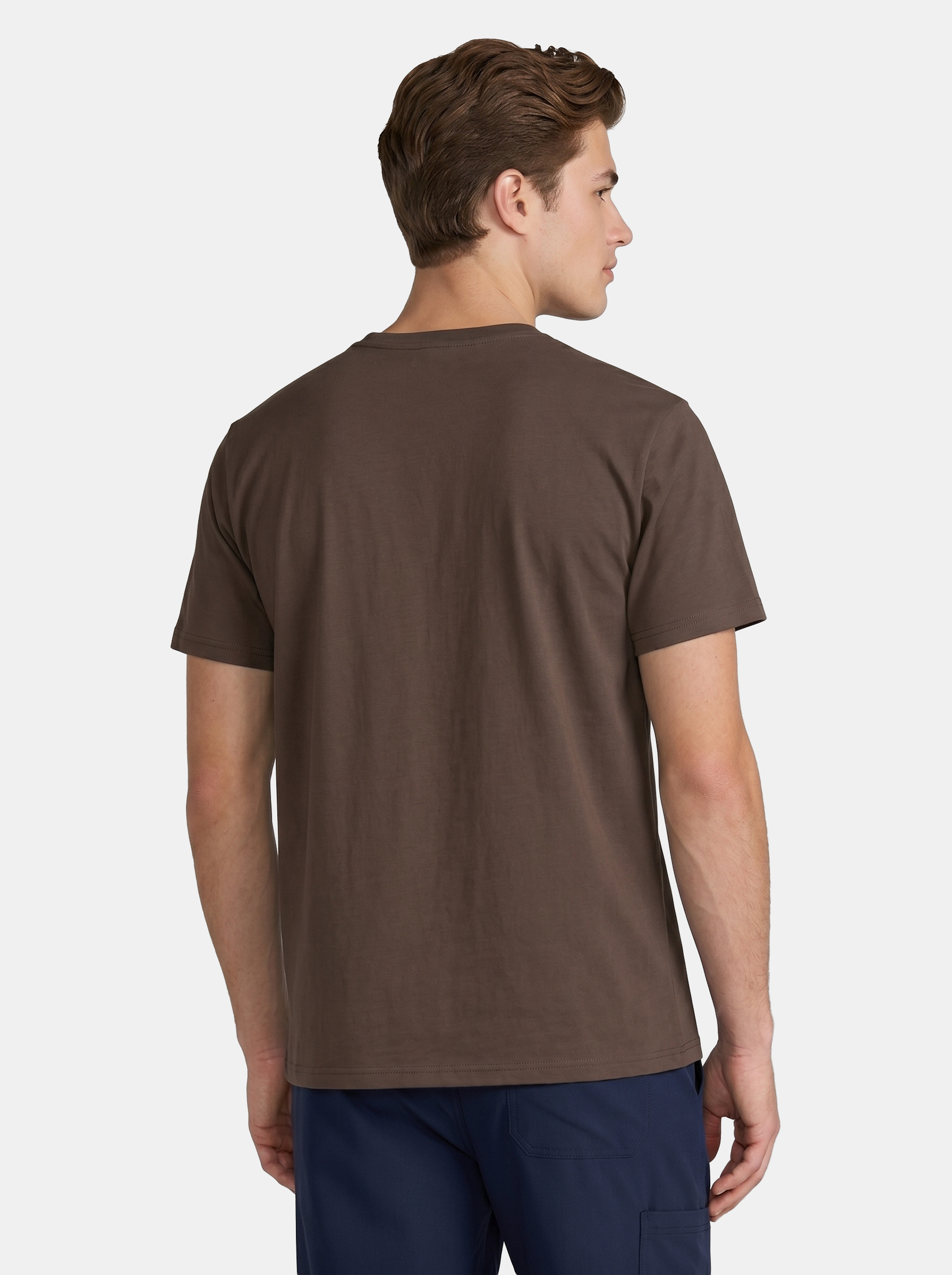 Man wearing a brown t-shirt on a white background