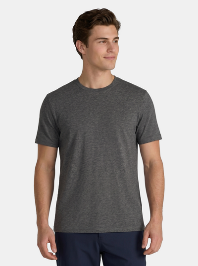 Man wearing a gray t-shirt on a white background