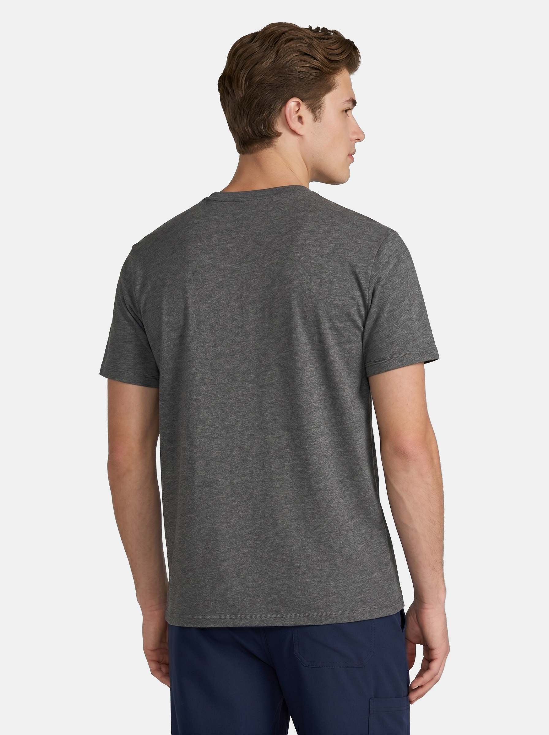 Man wearing a gray t-shirt on a white background
