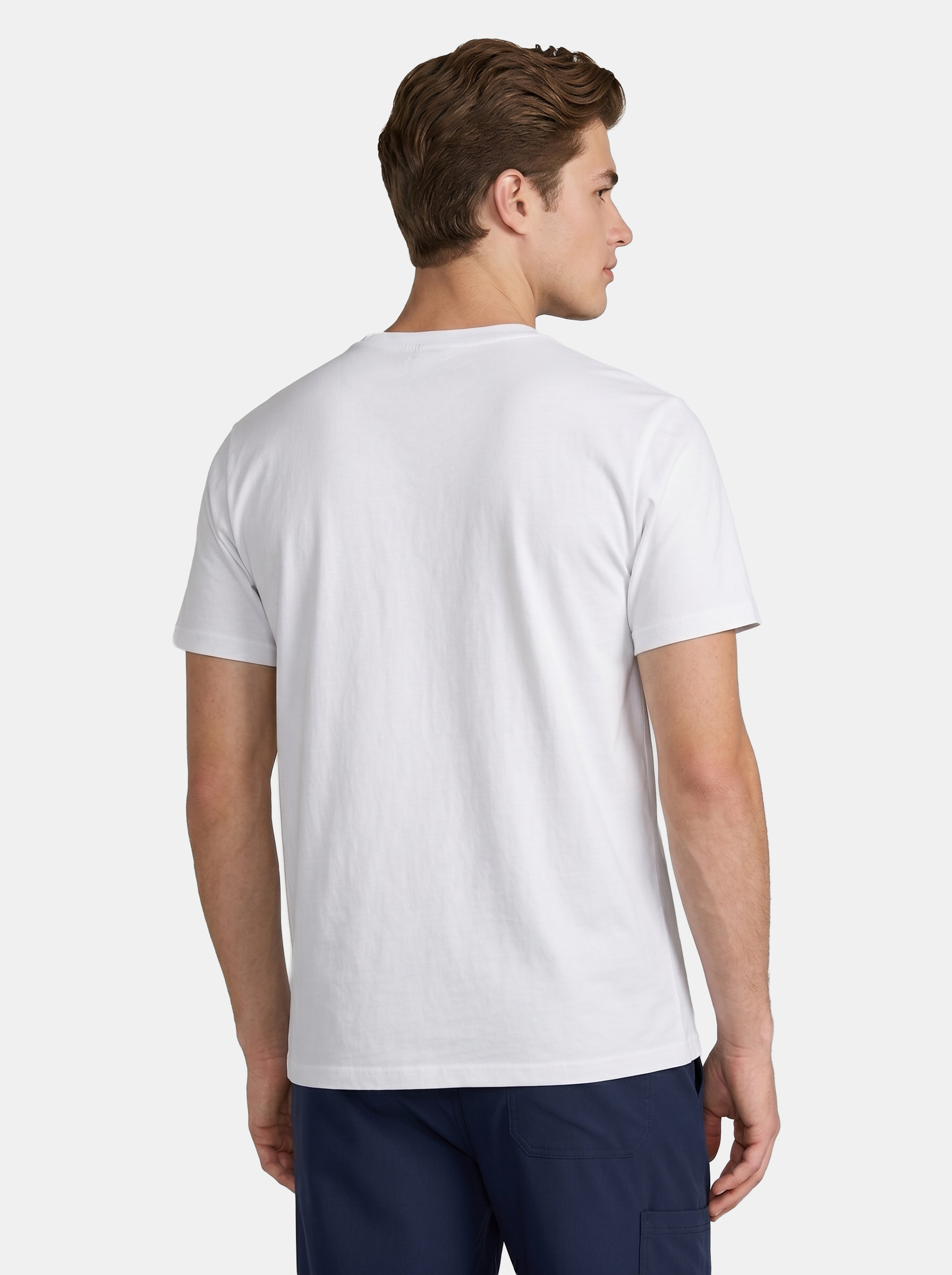Man wearing a white t-shirt and navy shorts on a light gray background