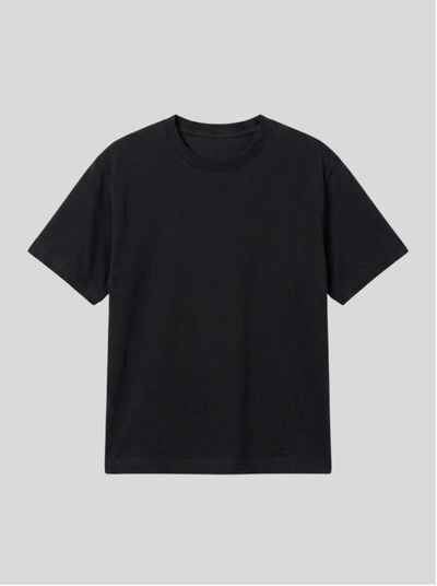 A plain black short-sleeve crewneck t-shirt displayed flat against a solid light gray background.