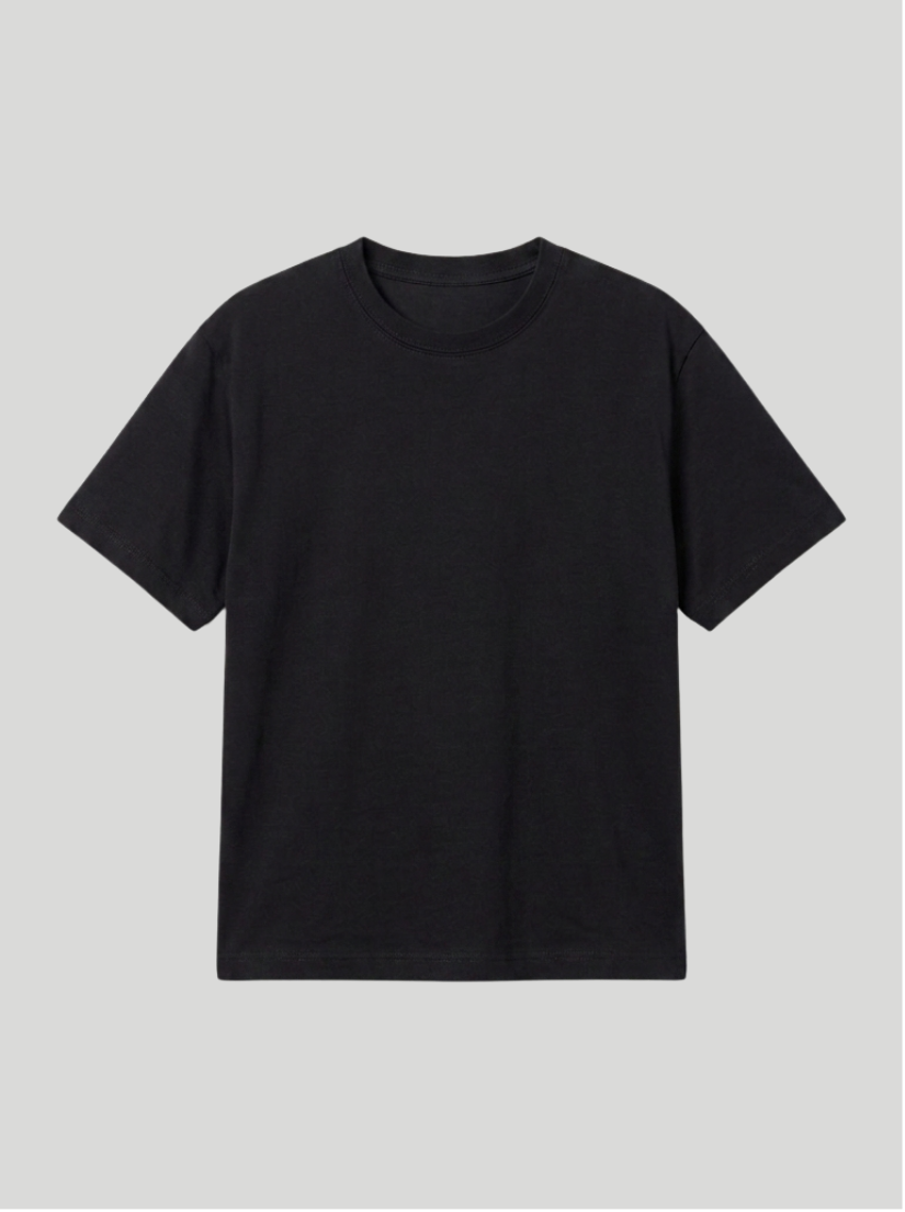 A plain black short-sleeve crewneck t-shirt displayed flat against a solid light gray background.