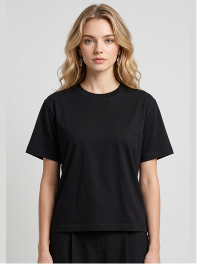 A woman with blonde wavy hair wearing a plain black short-sleeve crewneck t-shirt, standing against a light gray studio background.