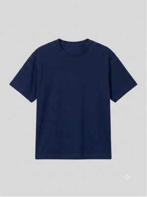 A plain navy blue short-sleeve crewneck t-shirt displayed flat against a solid light gray background.