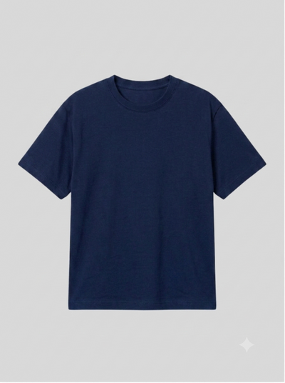 A plain navy blue short-sleeve crewneck t-shirt displayed flat against a solid light gray background.