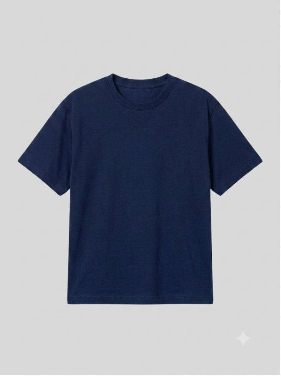 A plain navy blue short-sleeve crewneck t-shirt displayed flat against a solid light gray background.