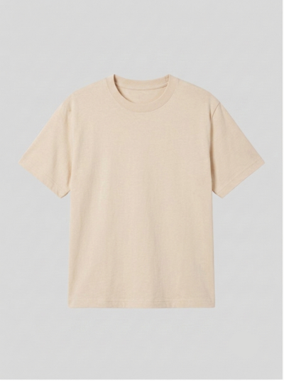 A plain short-sleeve crewneck t-shirt in a light cream or beige color, displayed flat against a neutral light gray background.