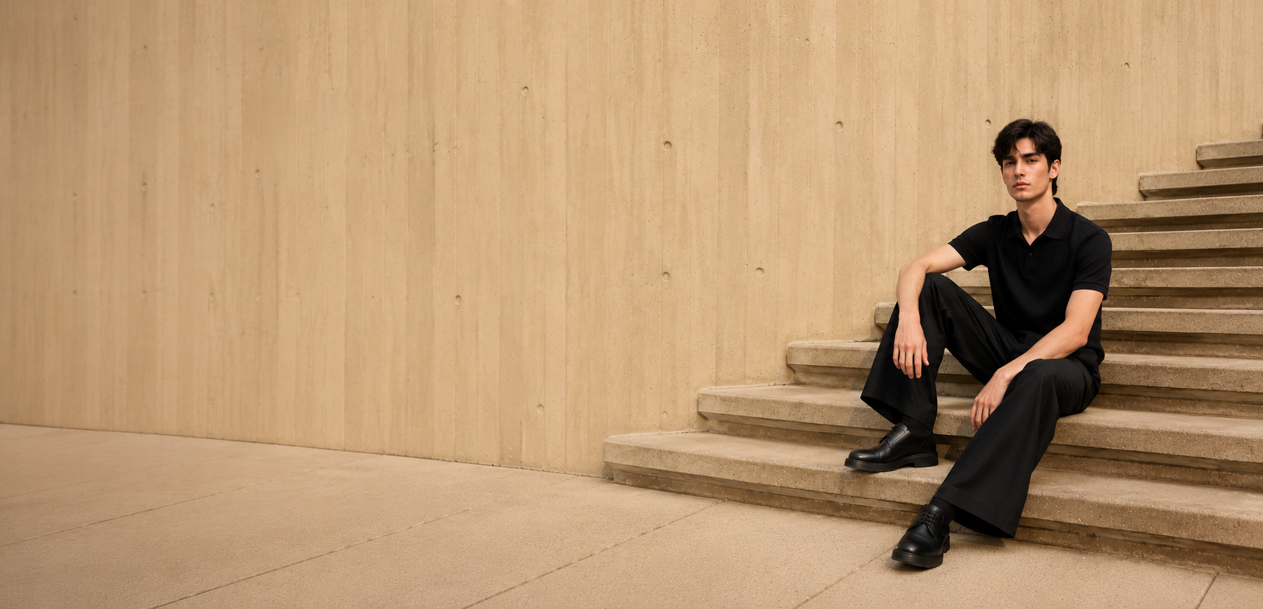 A man wearing a black short-sleeve polo shirt and black wide-leg trousers sits on concrete steps against a light beige wood-paneled wall.